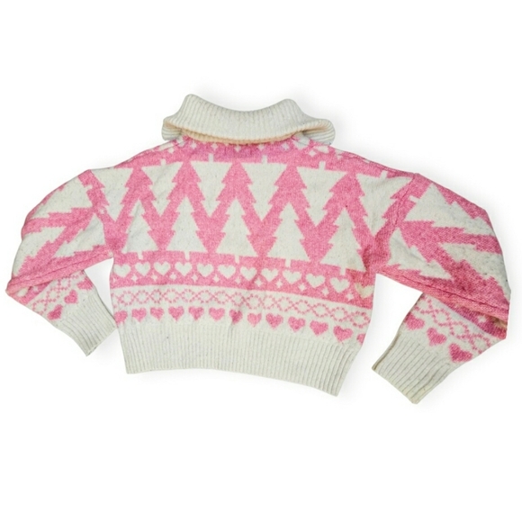 Jessica Simpson Winter Fuzzy Pink Christmas Tree Heart Cropped Half Zip Sweater - Picture 7 of 11